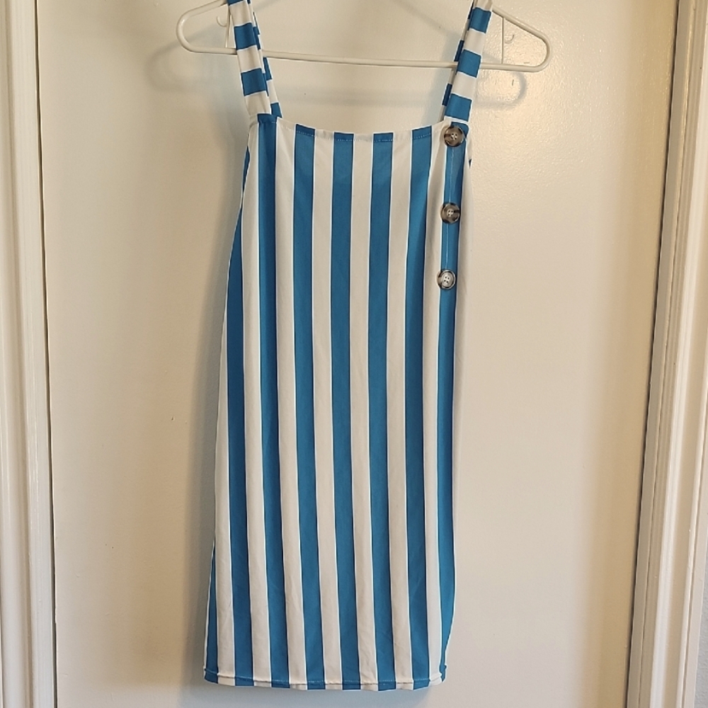 Green and White Striped Dress with Button Detail